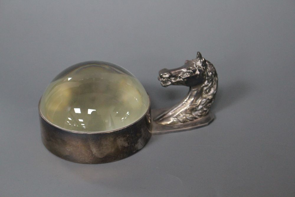 A silver plate mounted desk magnifying glass with horses head handle, retailed by Hermes, Paris,